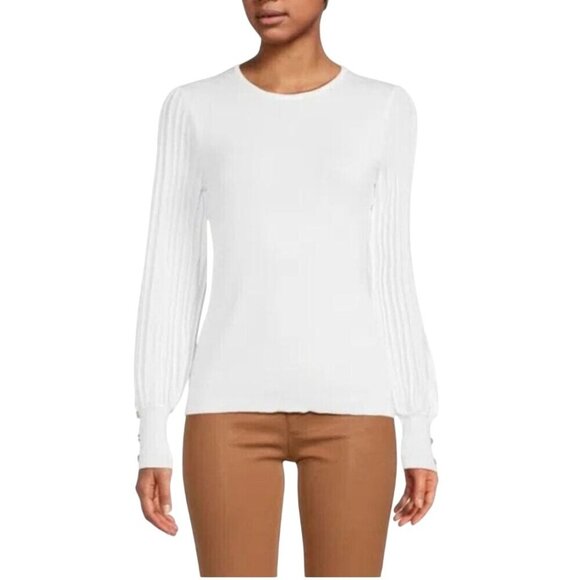 Nanette Lepore White Sparkle Pleated Bishop Sleeve Button Detail Sweater Size M - Picture 7 of 11